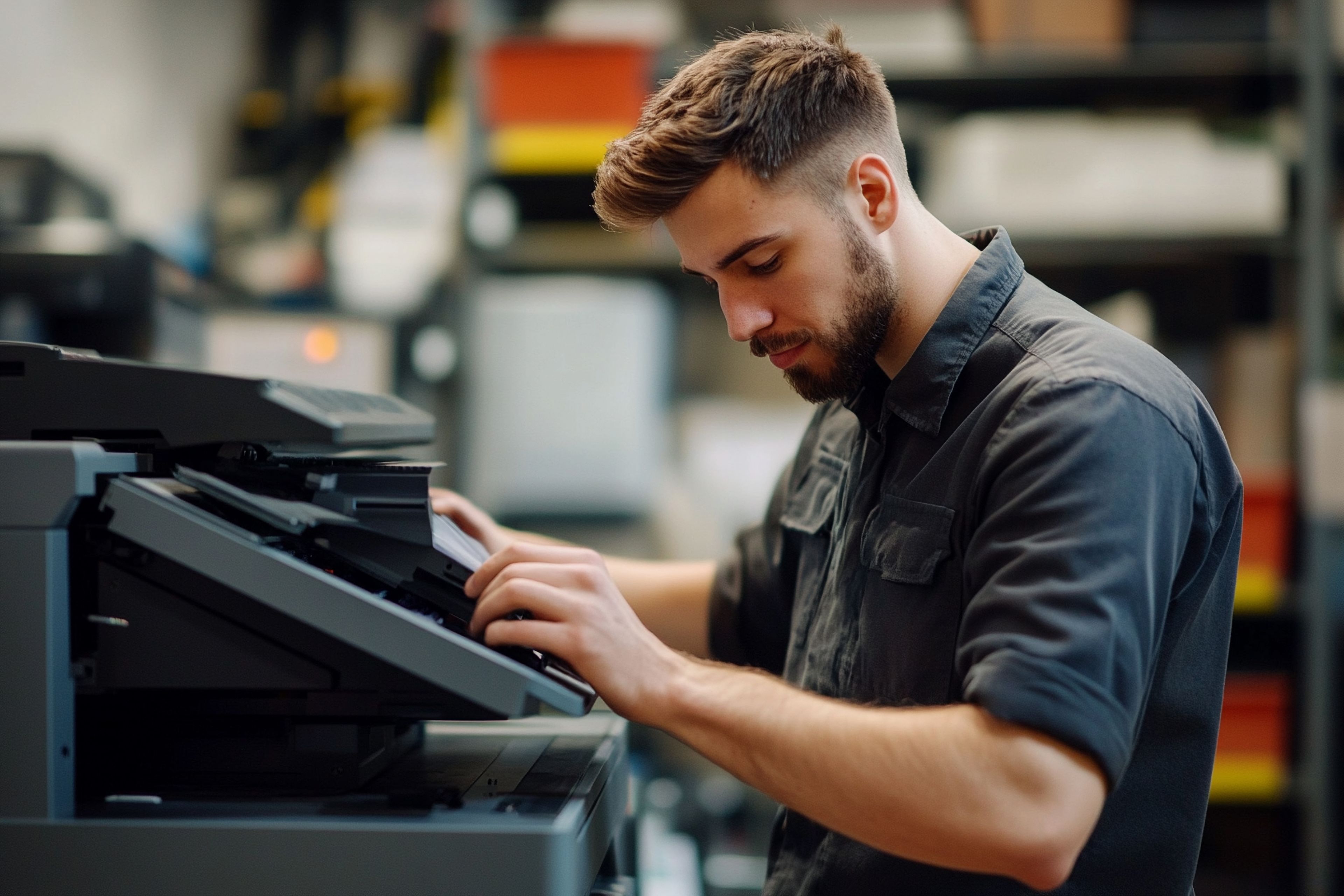 Servicetechniker bei der Bedienung und Wartung eines modernen Druck- oder Multifunktionssystems.