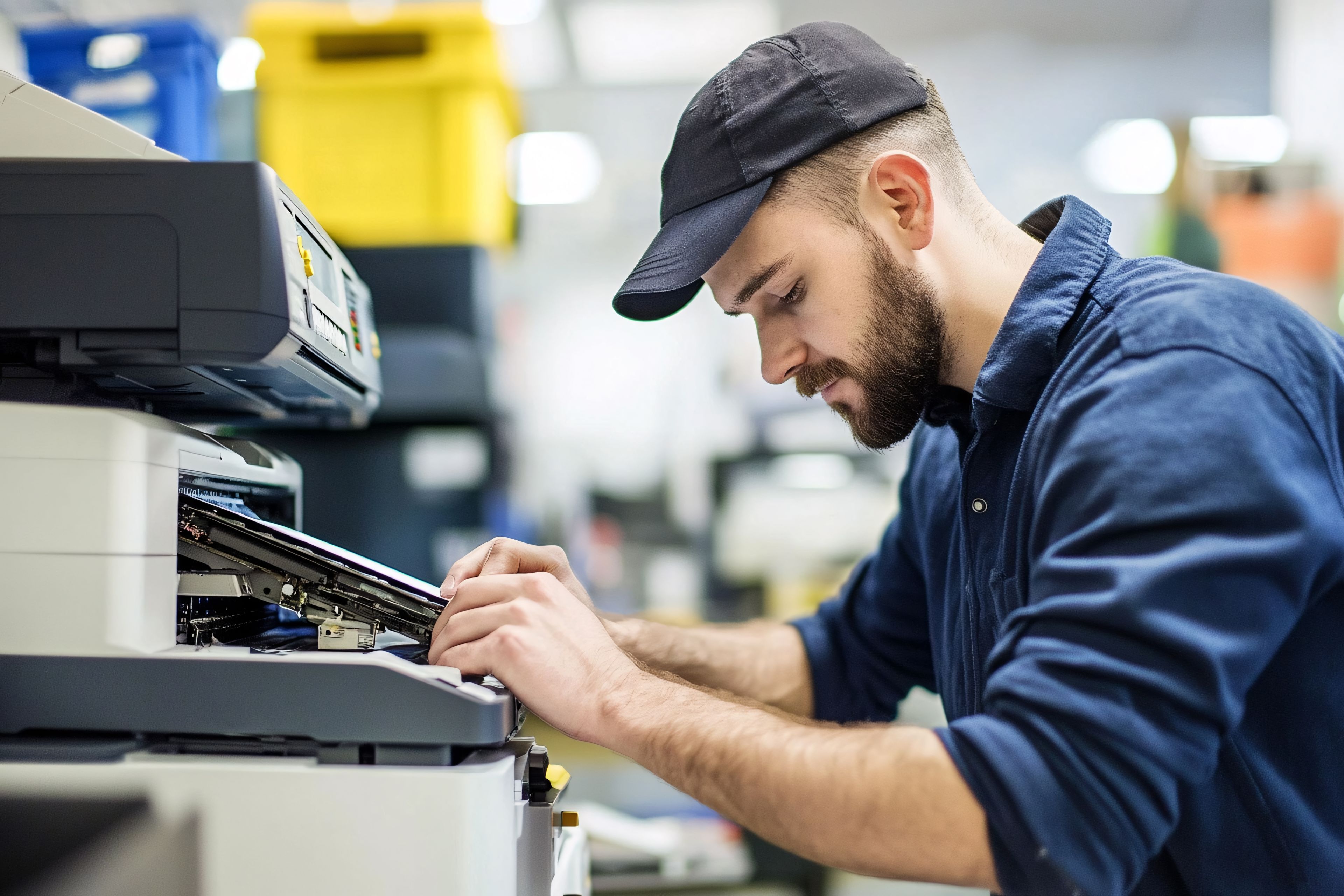 Techniker bei der Wartung und Prüfung eines modernen Druck- oder Produktionssystems.