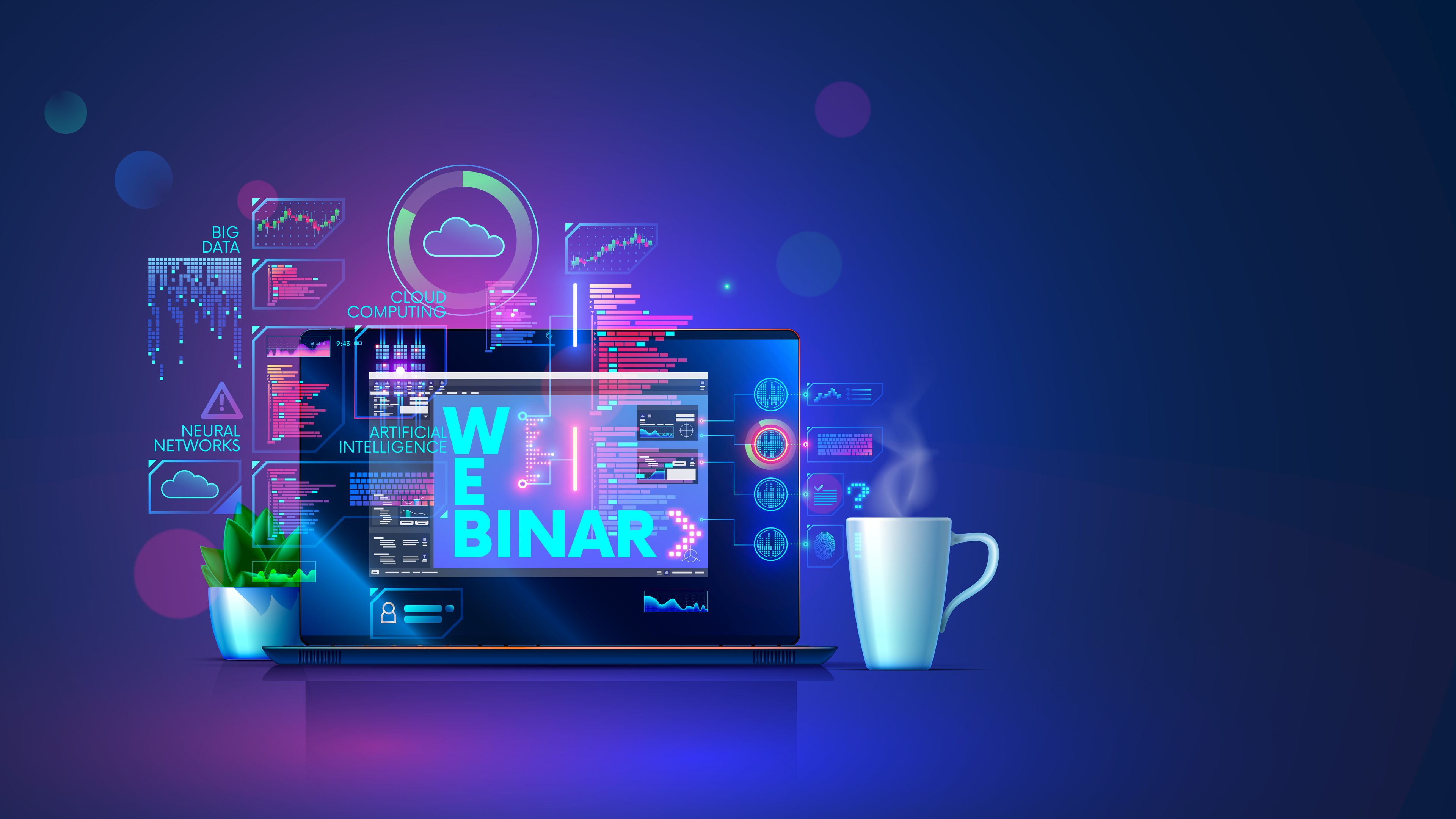Laptop mit Webinar-Plattform und digitalen Technologien wie KI, Cloud Computing und Datenanalyse.